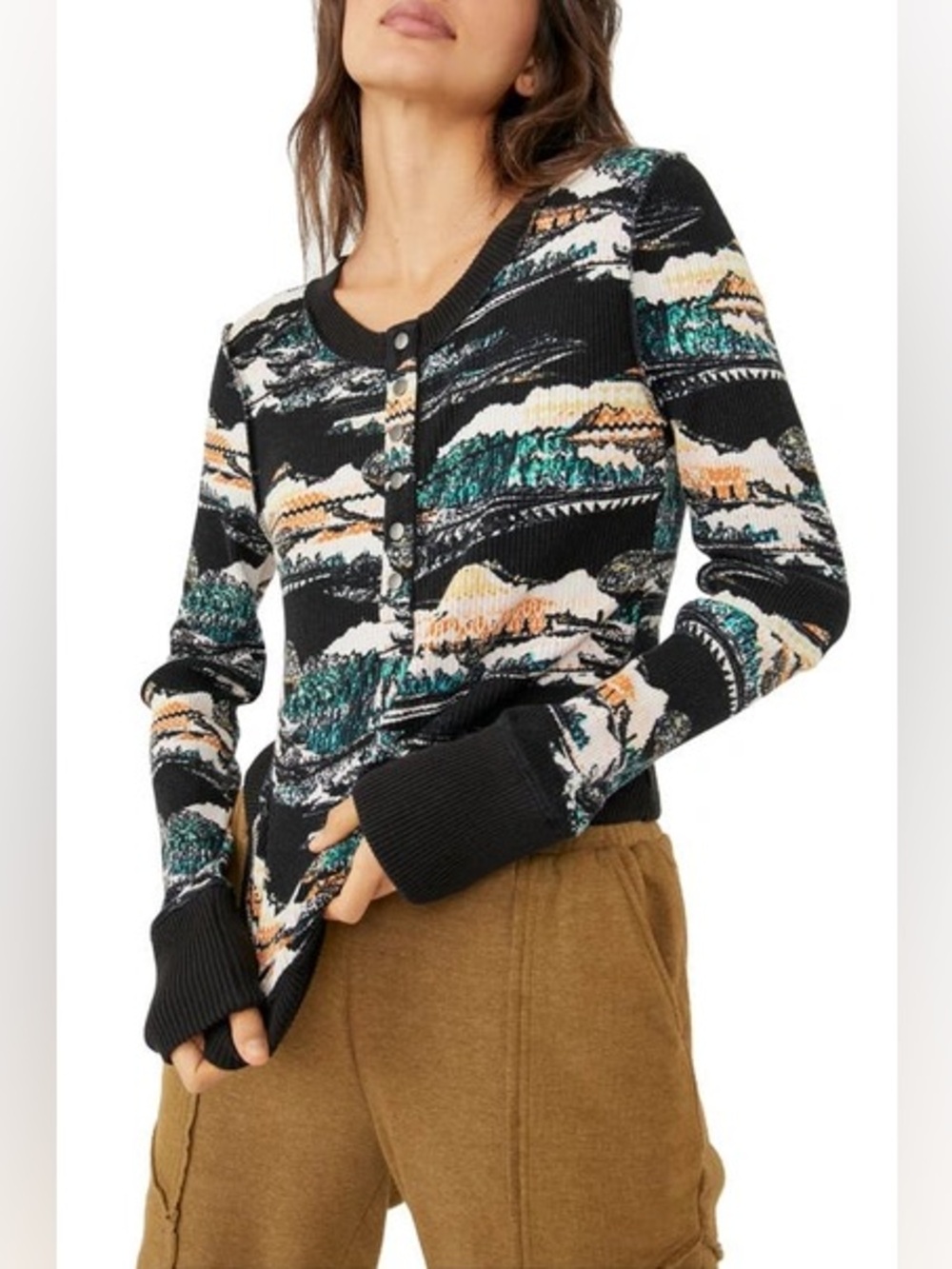 Free People FP Movement Rally Rib Henley Top in Black Diamond Combo